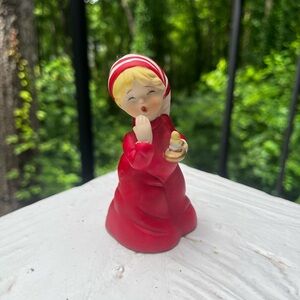 Vintage Christmas Jasco Porcelain“Merri Bells” Boy in PJs Red Stripe w/ Cap Bell